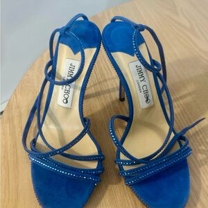 Jimmy Choo Blue Suede Strappy Crystal Ankle-Tie Heels